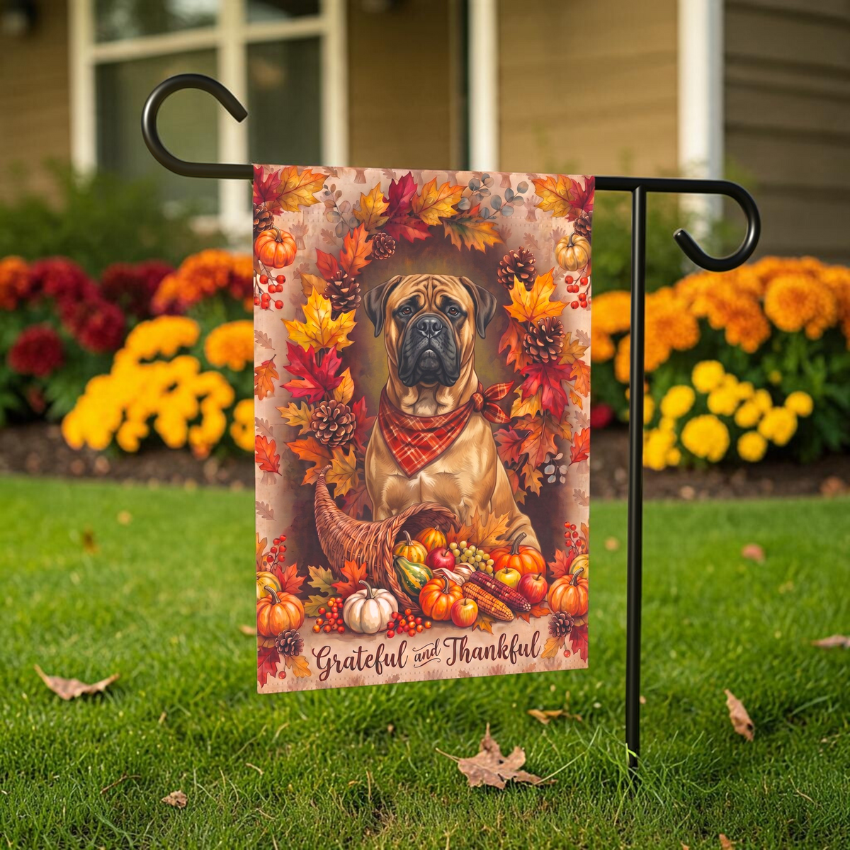 Grateful And Thankful Bull Mastiff Thanksgiving Garden Flag