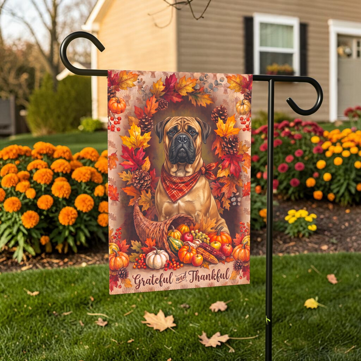 Grateful And Thankful Bull Mastiff Thanksgiving Garden Flag