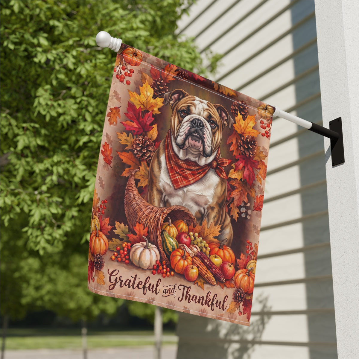 Grateful And Thankful Bulldog Thanksgiving Garden Flag