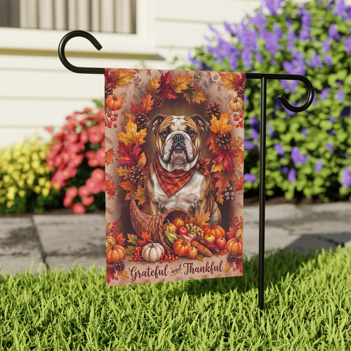 Grateful And Thankful Bulldog Thanksgiving Garden Flag
