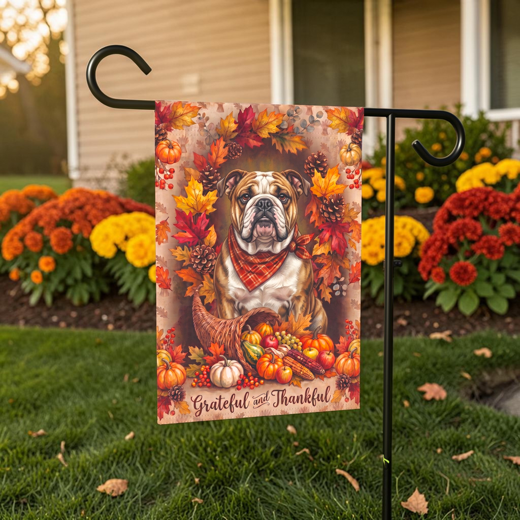 Grateful And Thankful Bulldog Thanksgiving Garden Flag