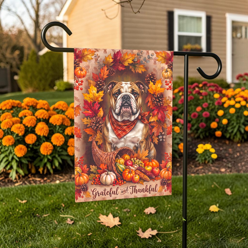 Grateful And Thankful Bulldog Thanksgiving Garden Flag