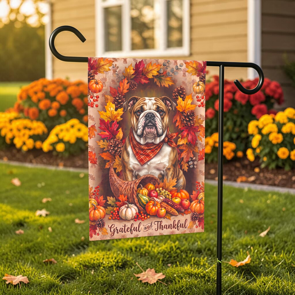 Grateful And Thankful Bulldog Thanksgiving Garden Flag