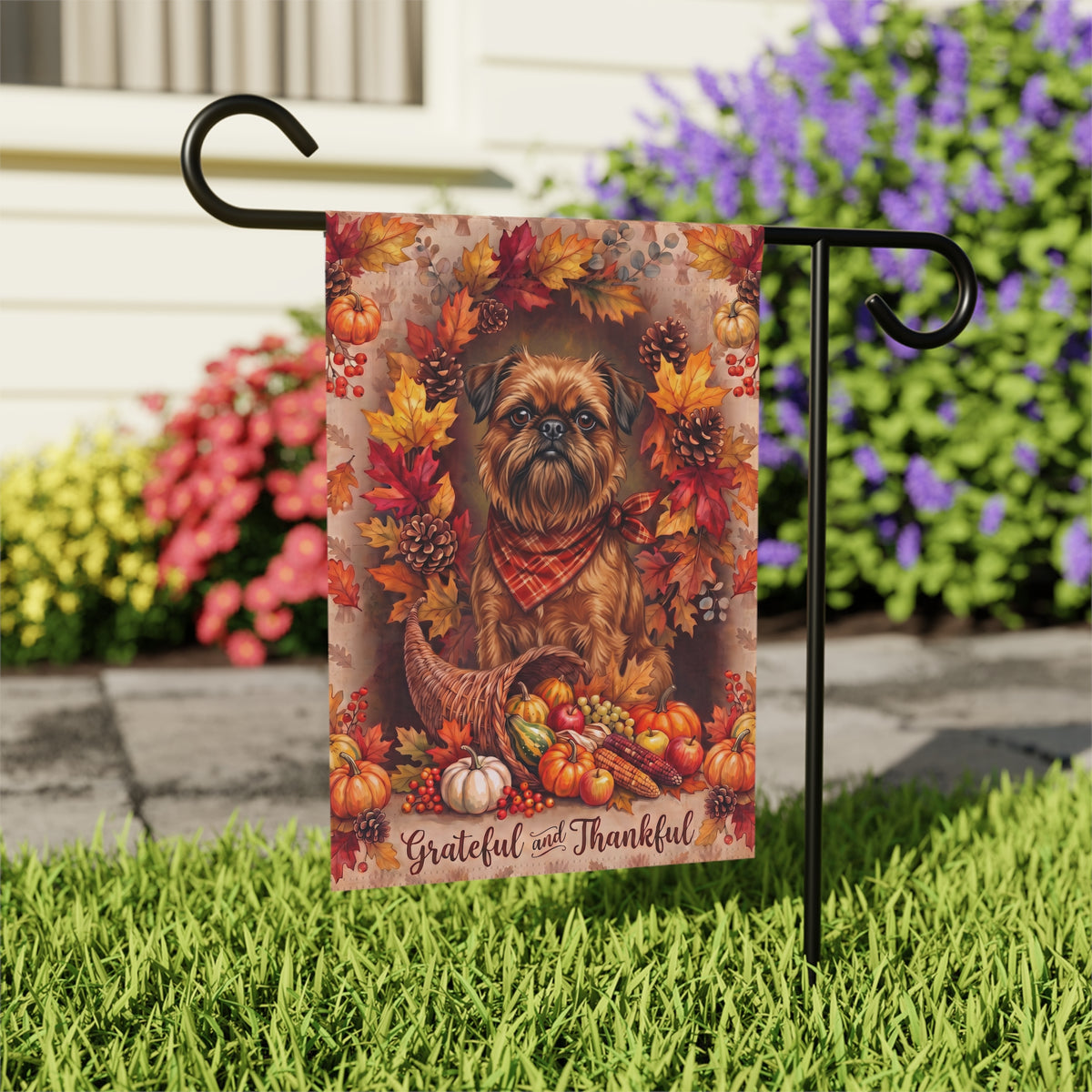 Grateful And Thankful Brussels Griffon Thanksgiving Garden Flag