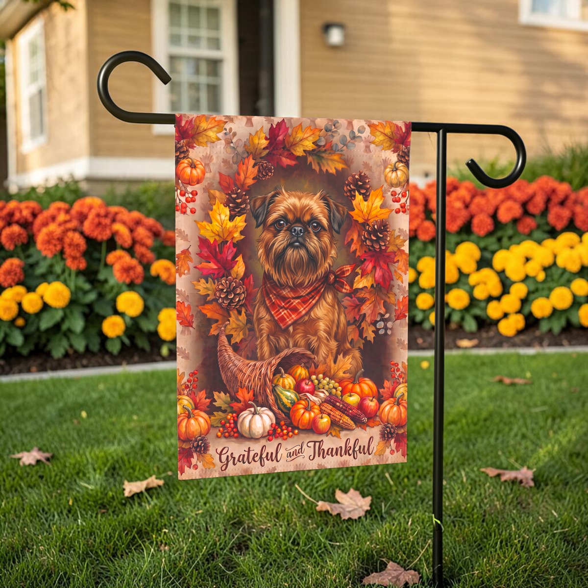 Grateful And Thankful Brussels Griffon Thanksgiving Garden Flag