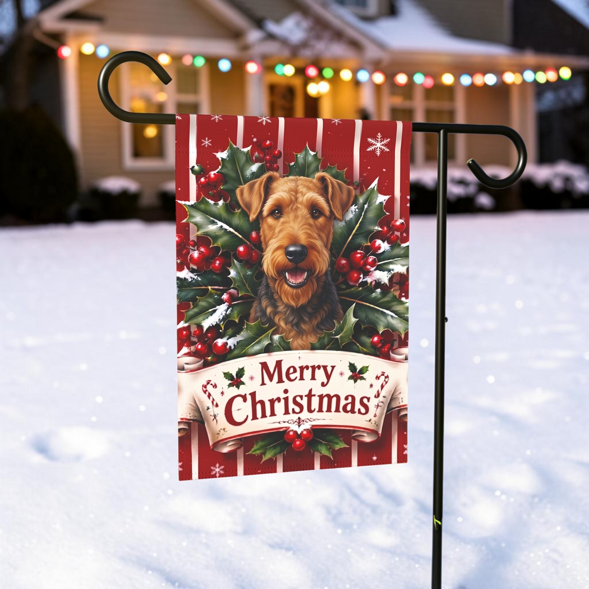 Merry Christmas Holly Airedale Terrier Garden Flag