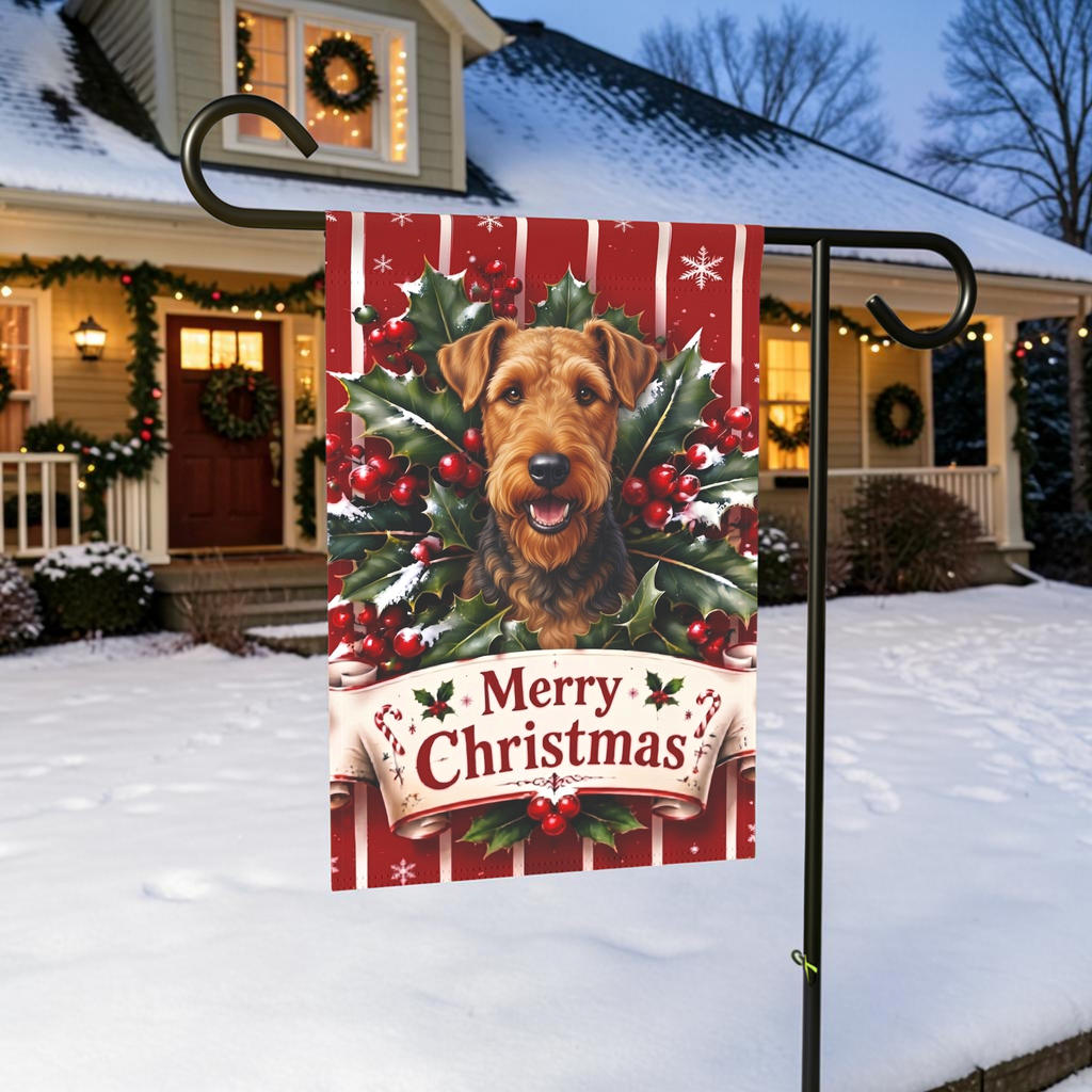 Merry Christmas Holly Airedale Terrier Garden Flag