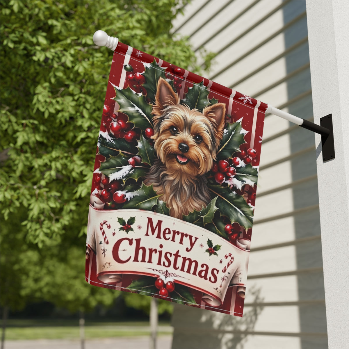 Merry Christmas Holly Yorkshire Terrier Garden Flag