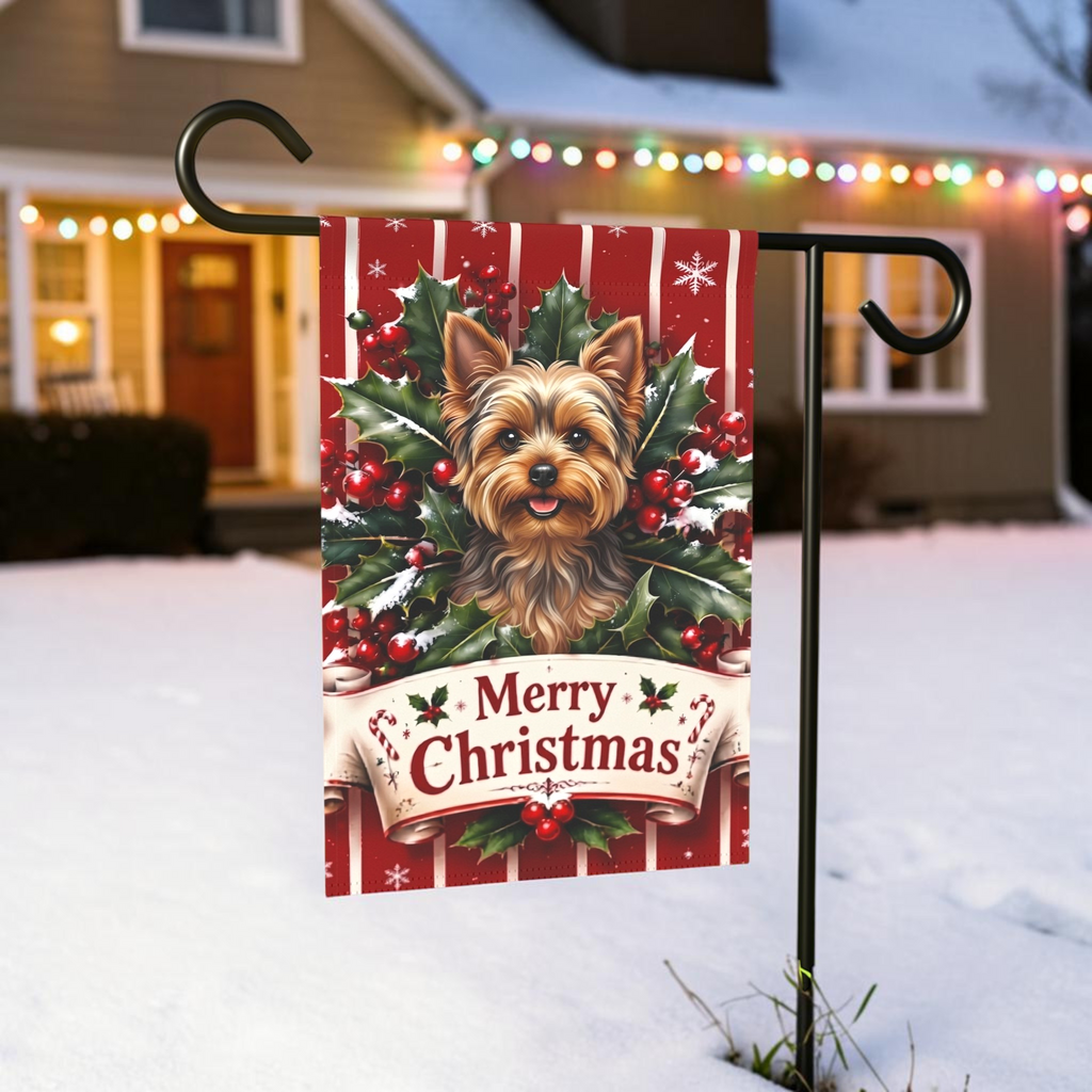 Merry Christmas Holly Yorkshire Terrier Garden Flag