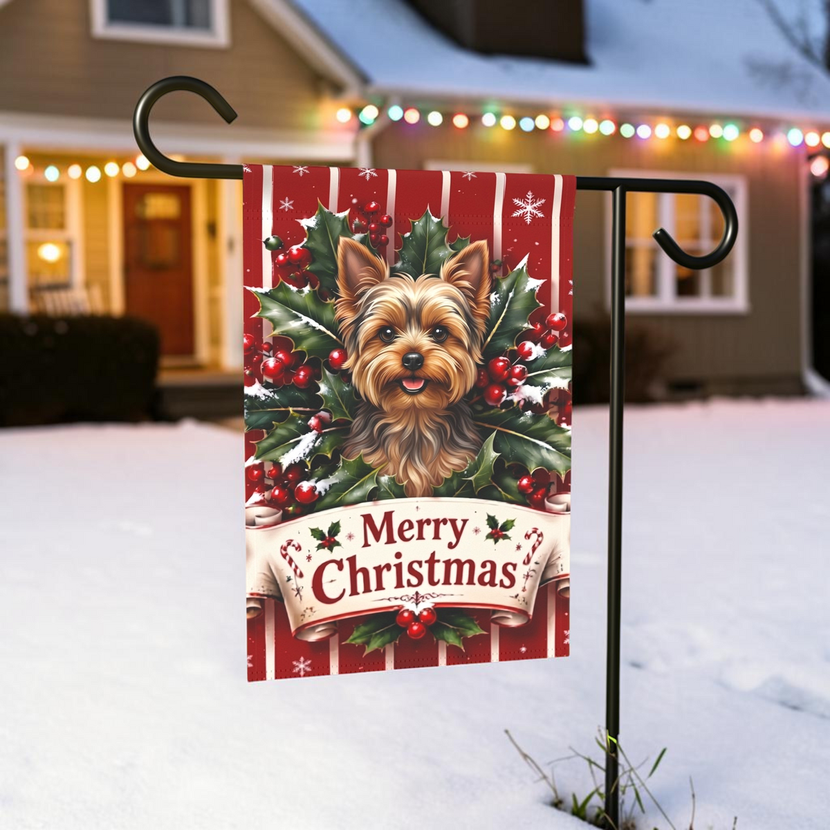 Merry Christmas Holly Yorkshire Terrier Garden Flag