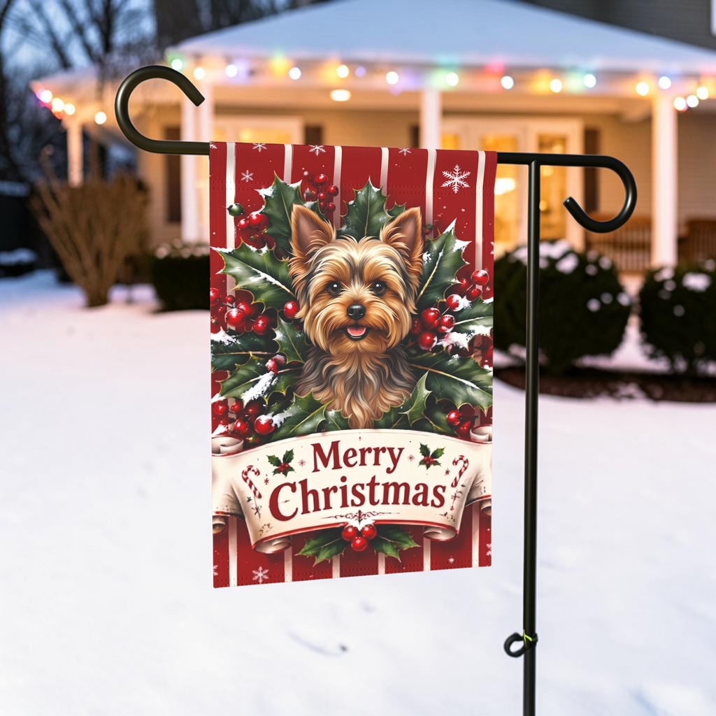 Merry Christmas Holly Yorkshire Terrier Garden Flag