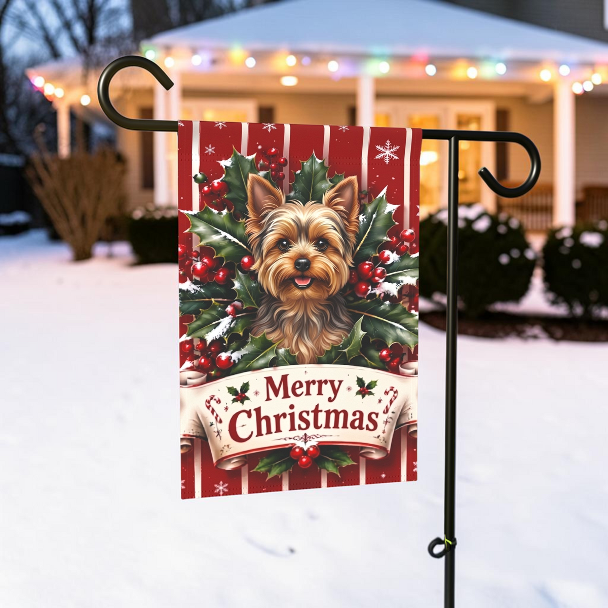 Merry Christmas Holly Yorkshire Terrier Garden Flag