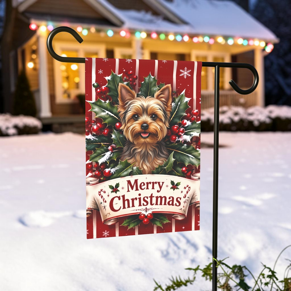 Merry Christmas Holly Yorkshire Terrier Garden Flag