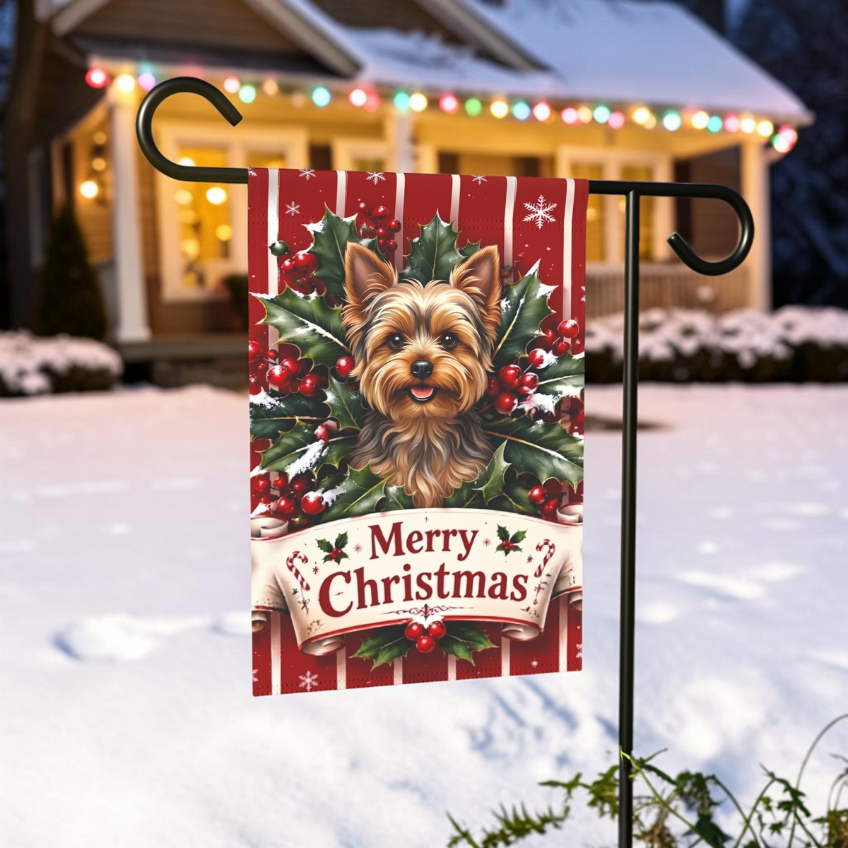 Merry Christmas Holly Yorkshire Terrier Garden Flag