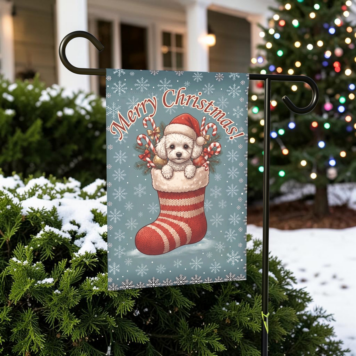 White Toy Poodle And Christmas Garden Flag