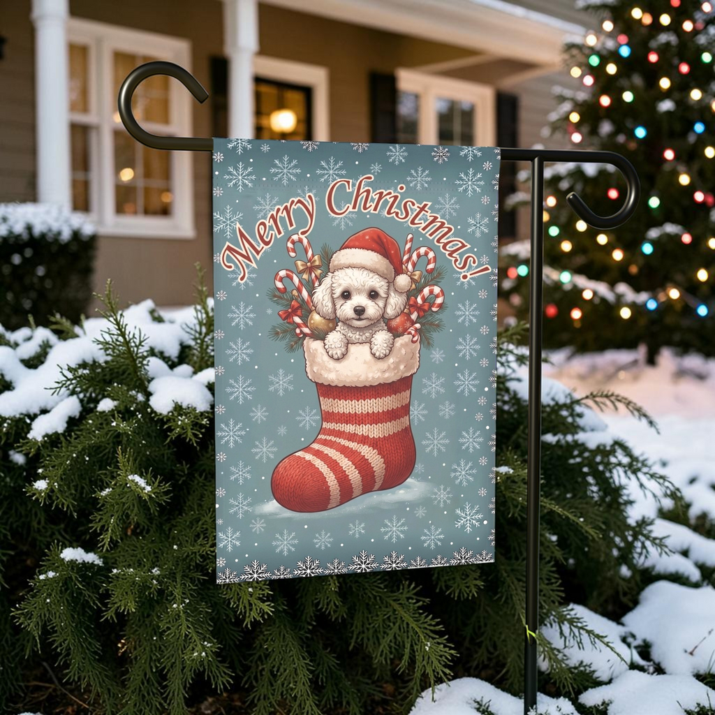 White Toy Poodle And Christmas Garden Flag