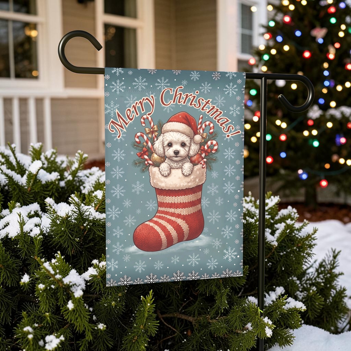 White Toy Poodle And Christmas Garden Flag