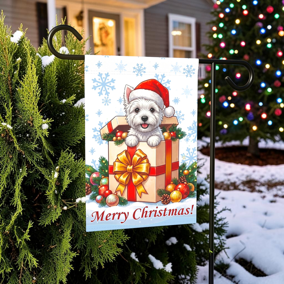 Westie And Christmas Present Garden Flag