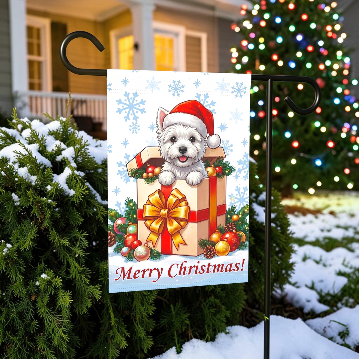 Westie And Christmas Present Garden Flag