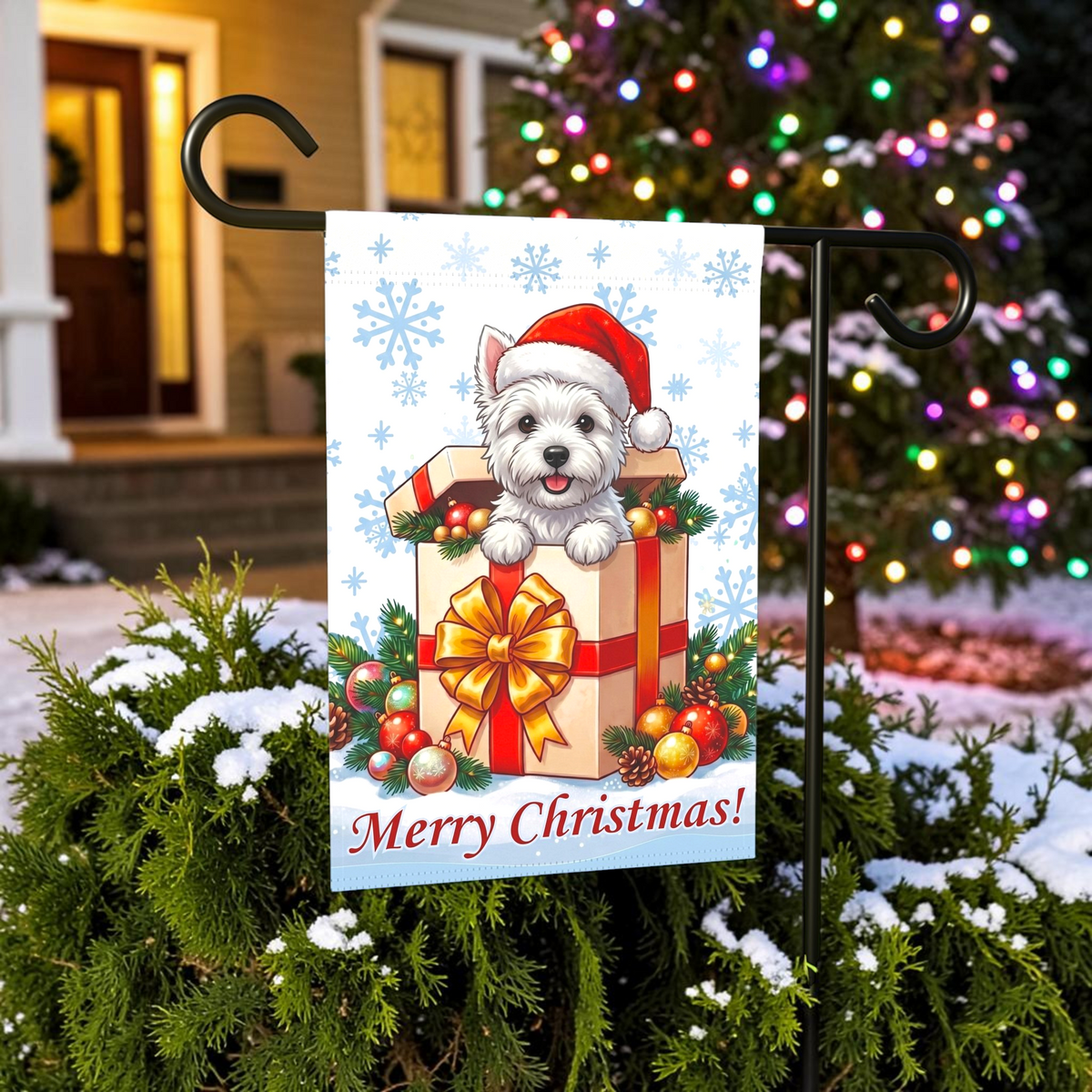 Westie And Christmas Present Garden Flag
