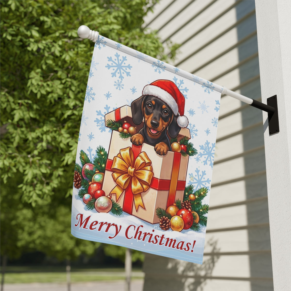 Short Hair Dachshund And Christmas Present Garden Flag