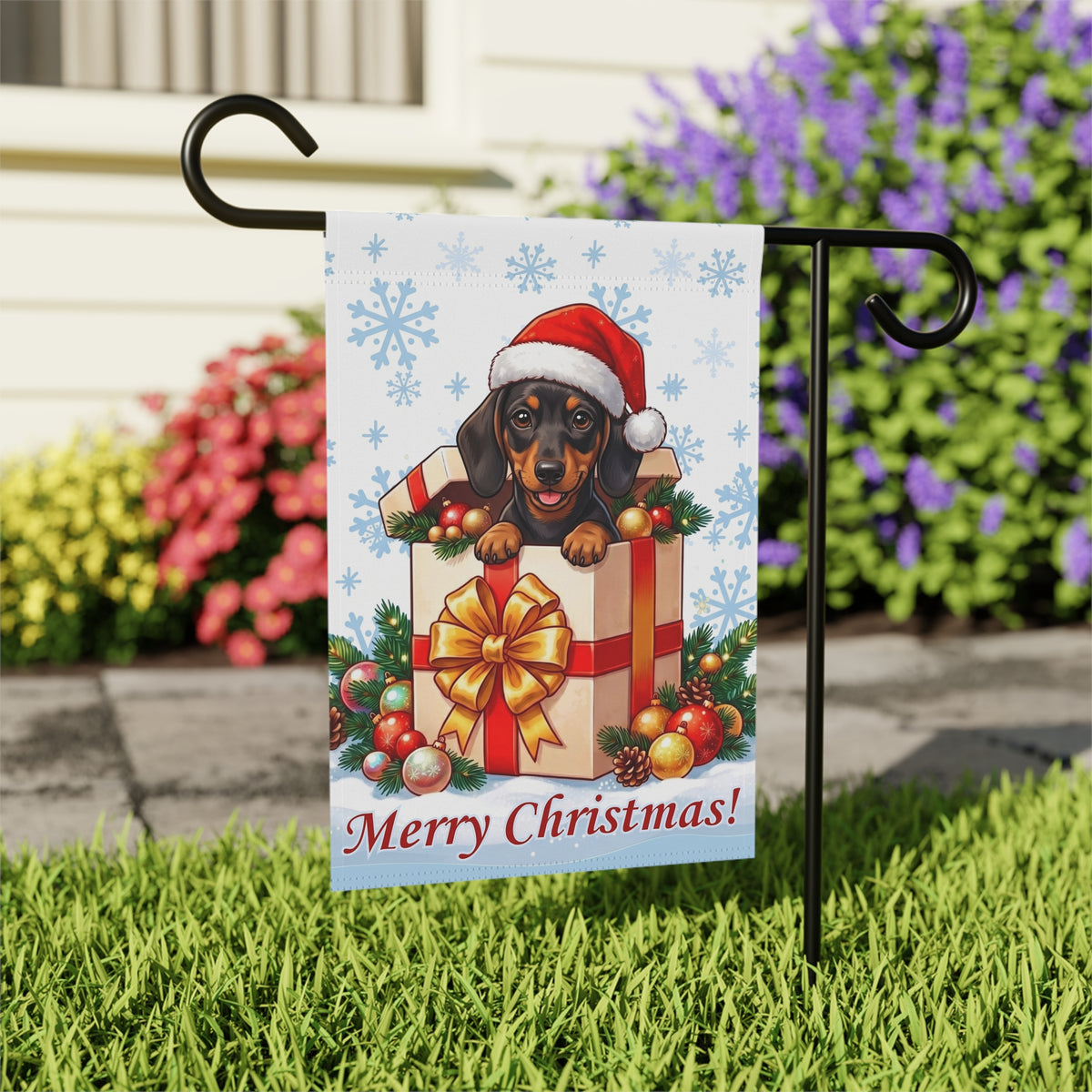 Short Hair Dachshund And Christmas Present Garden Flag