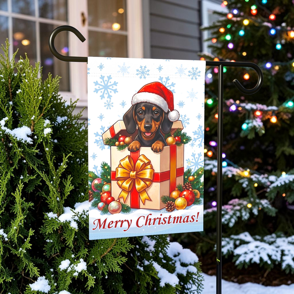Short Hair Dachshund And Christmas Present Garden Flag
