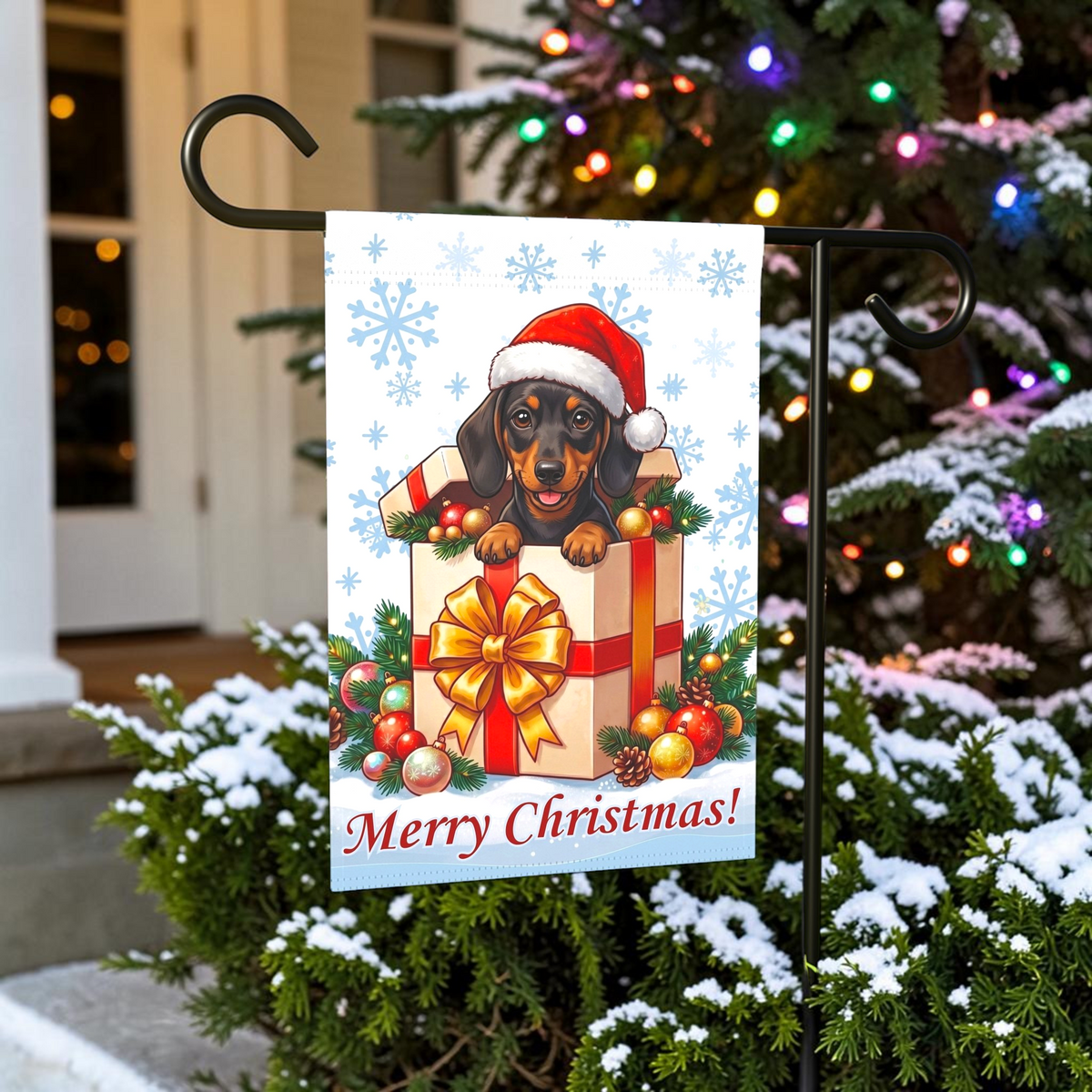 Short Hair Dachshund And Christmas Present Garden Flag