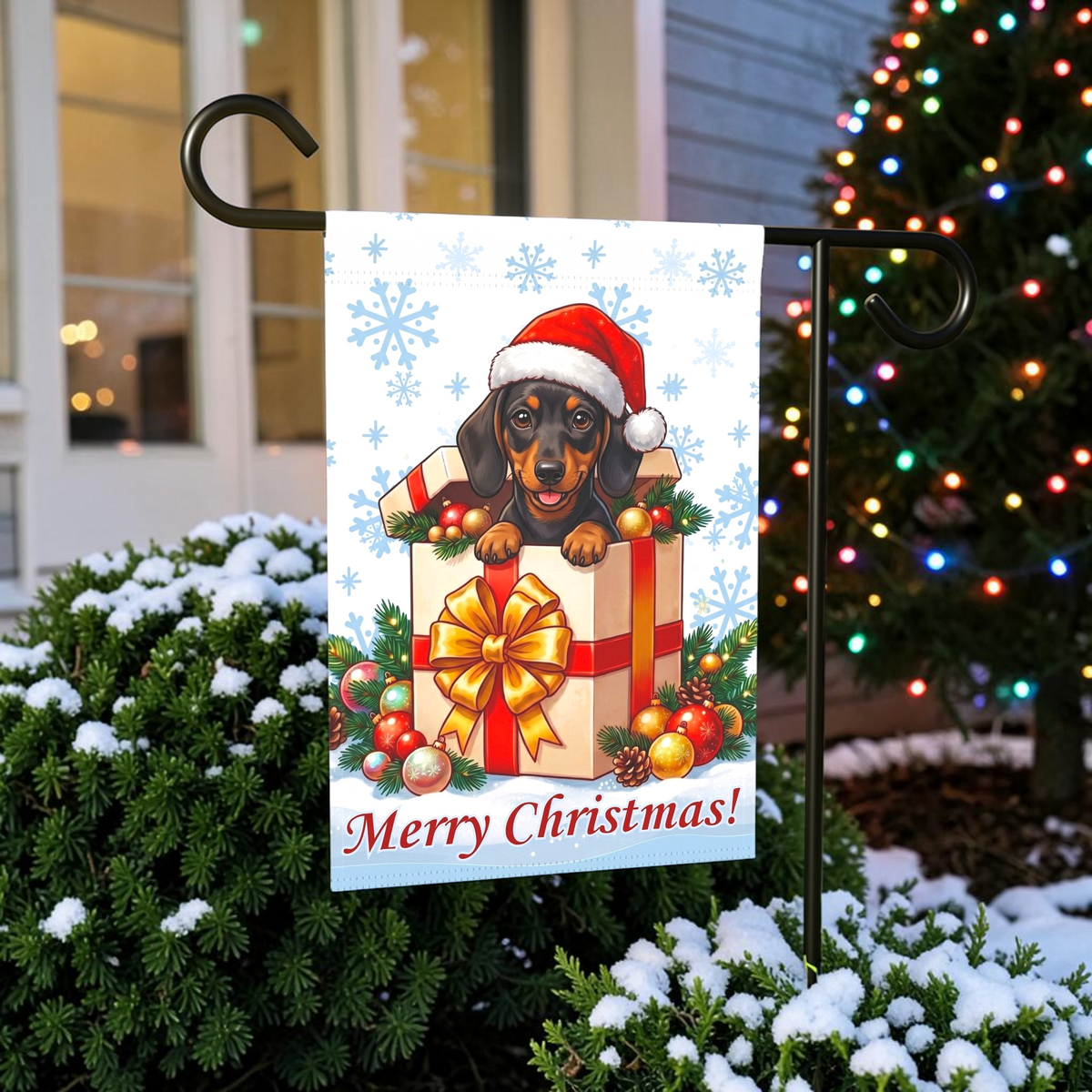 Short Hair Dachshund And Christmas Present Garden Flag