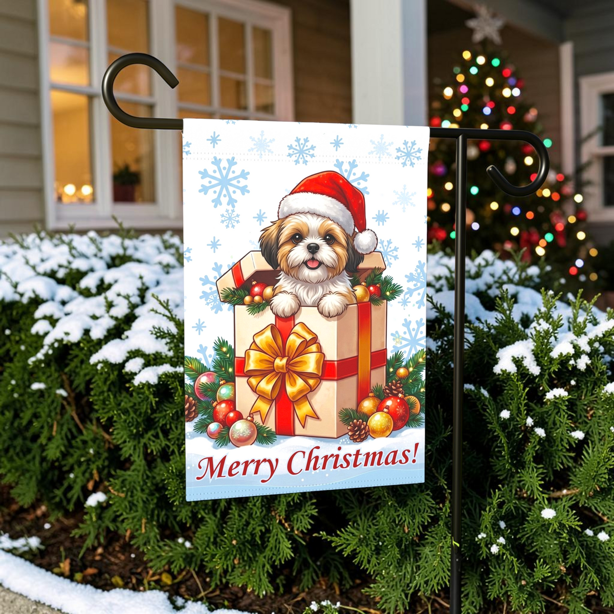 Shih Tzu And Christmas Present Garden Flag