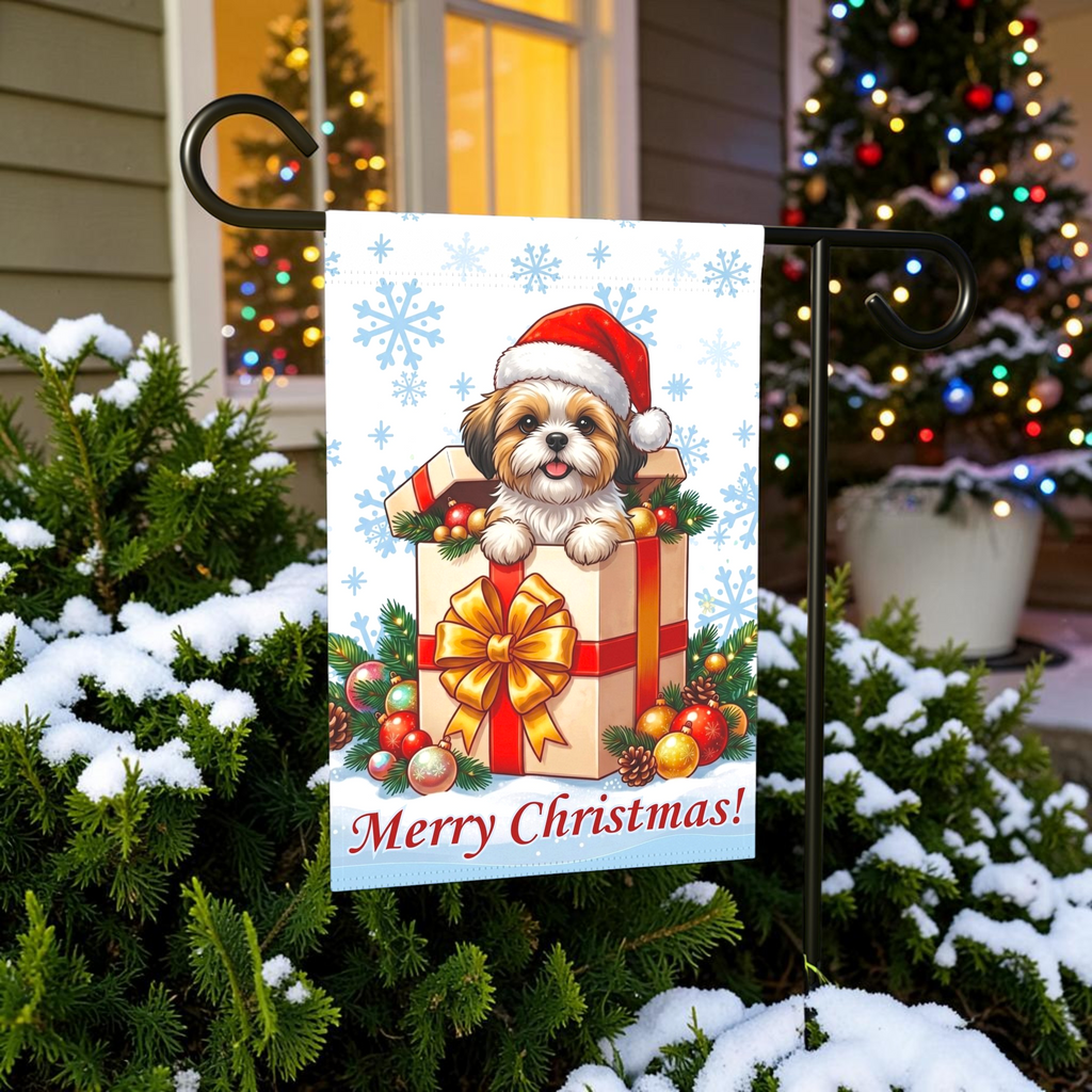 Shih Tzu And Christmas Present Garden Flag