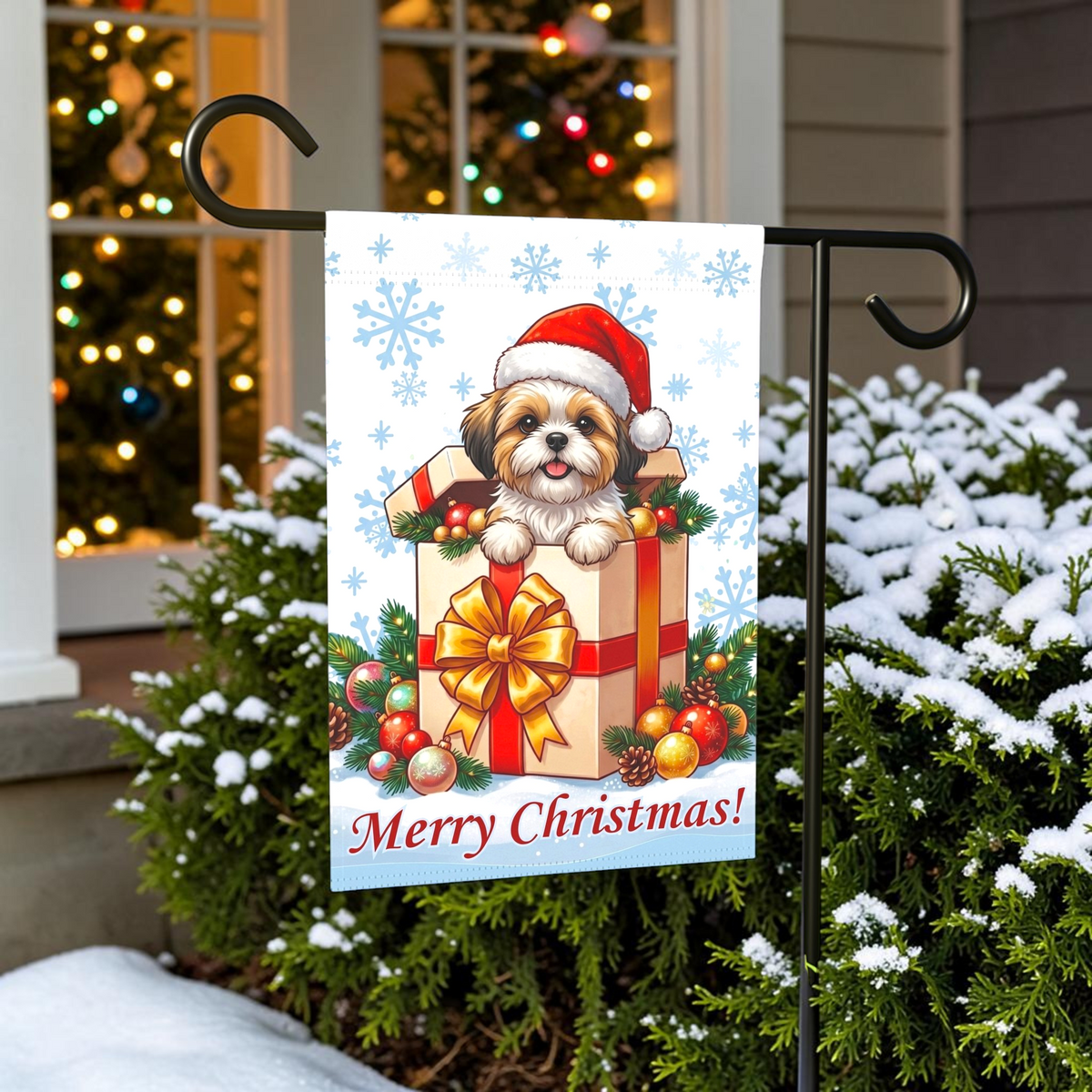 Shih Tzu And Christmas Present Garden Flag