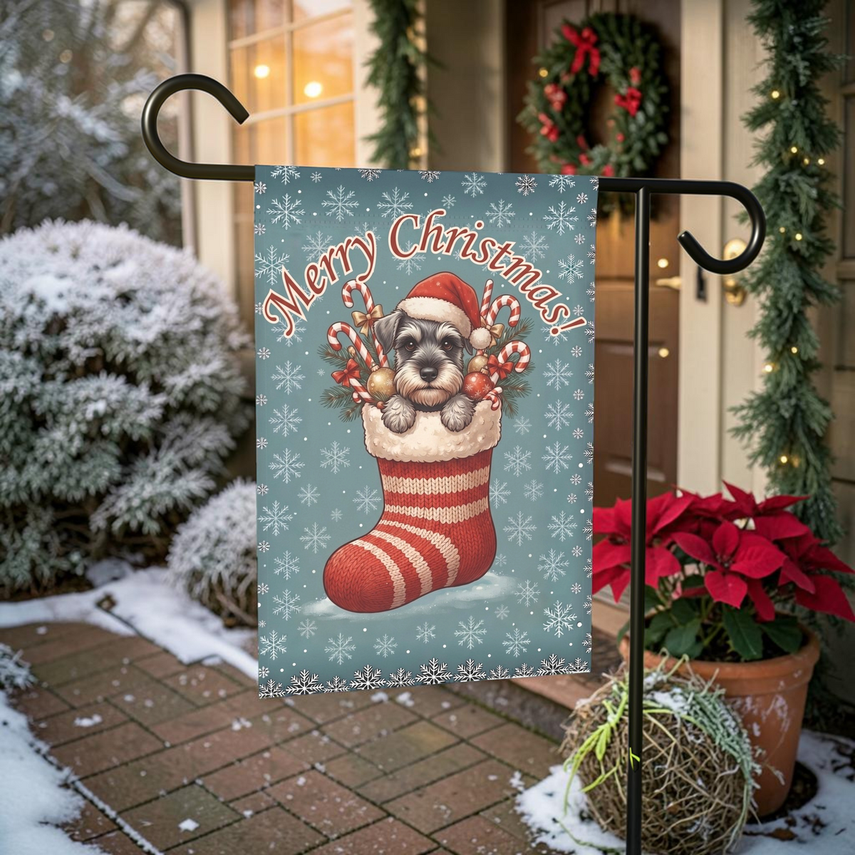 Schnauzer And Christmas Stocking Garden Flag