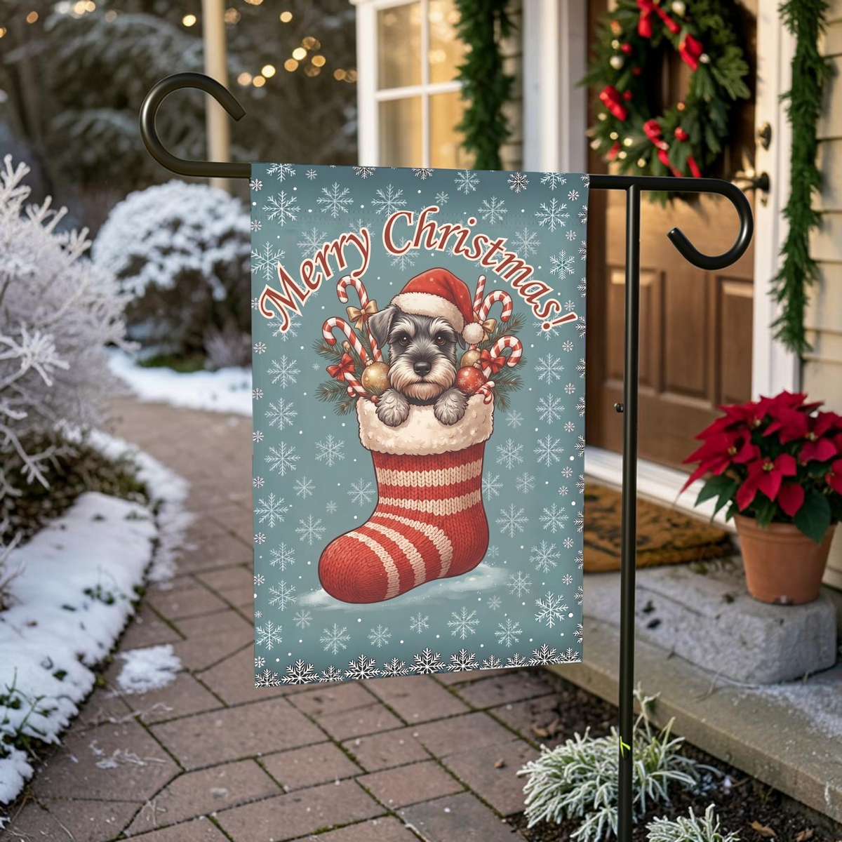 Schnauzer And Christmas Stocking Garden Flag