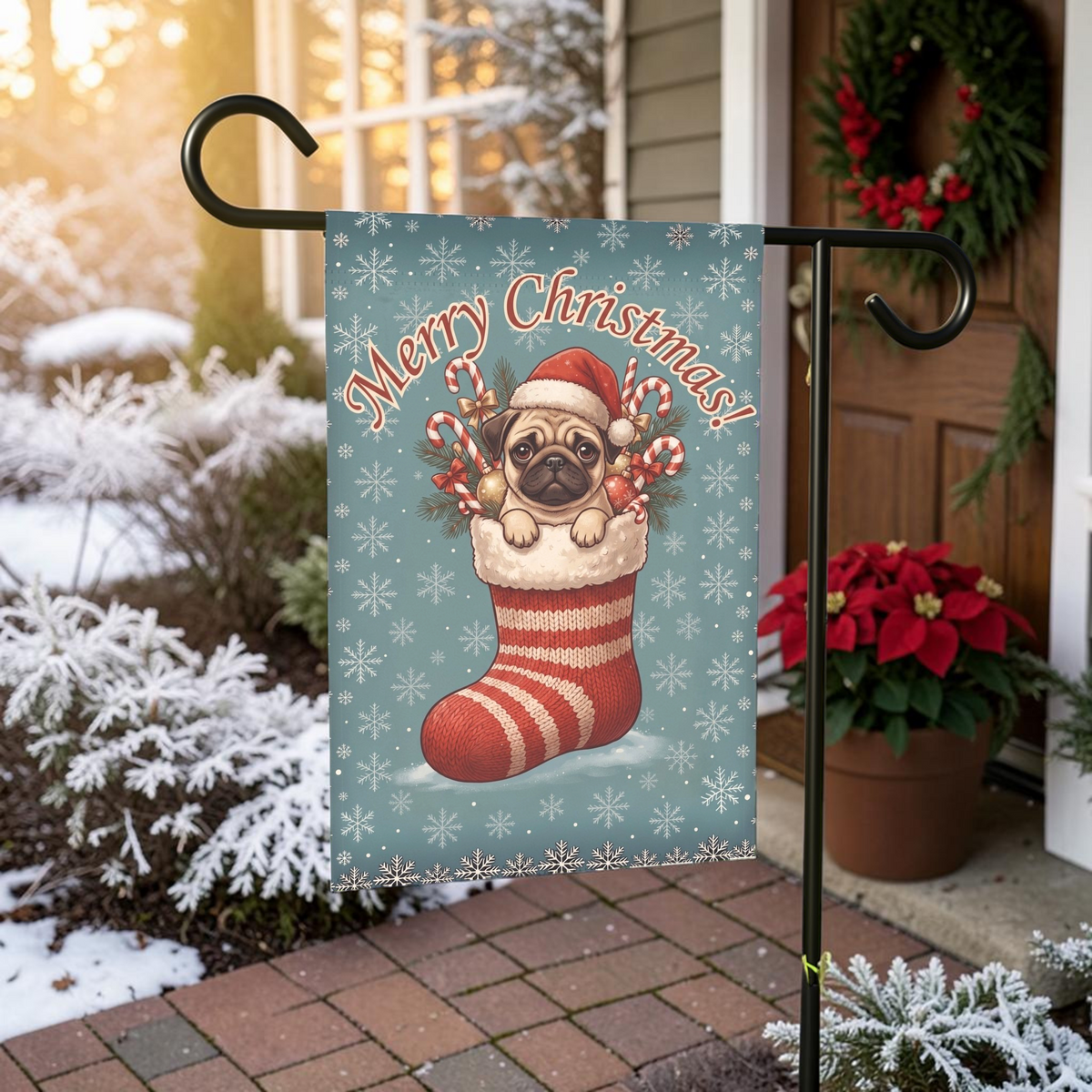 Pug And Christmas Stocking Garden Flag