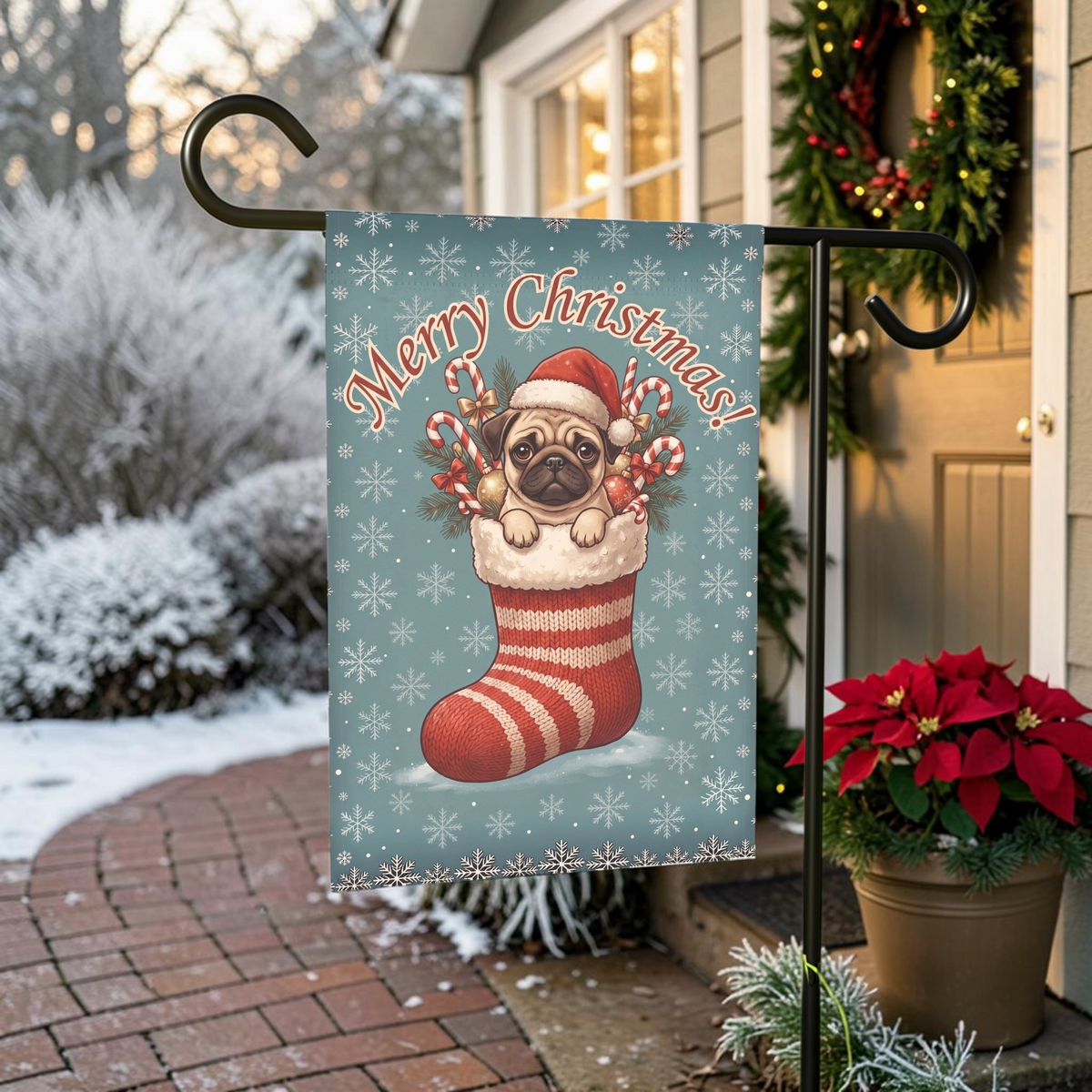 Pug And Christmas Stocking Garden Flag