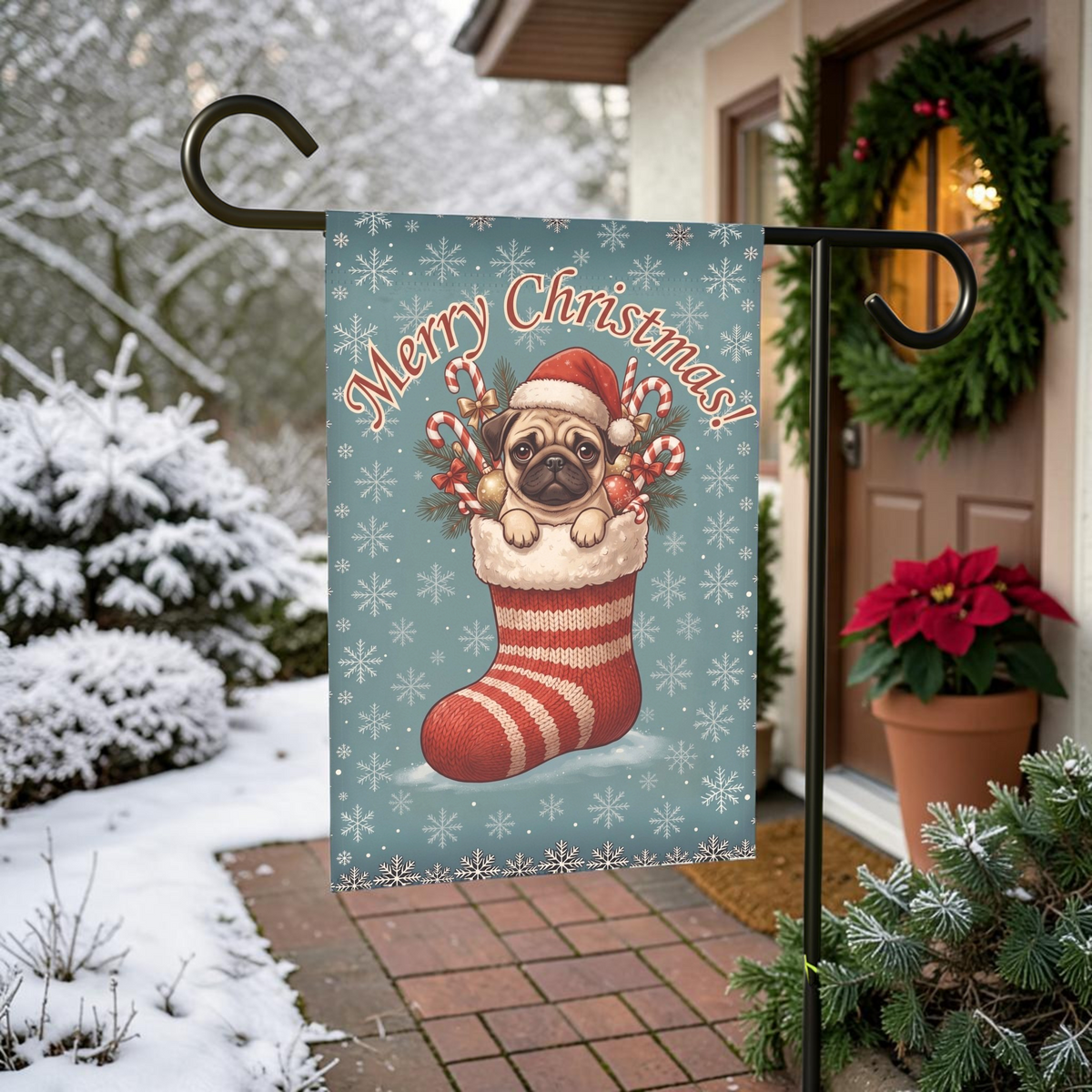 Pug And Christmas Stocking Garden Flag
