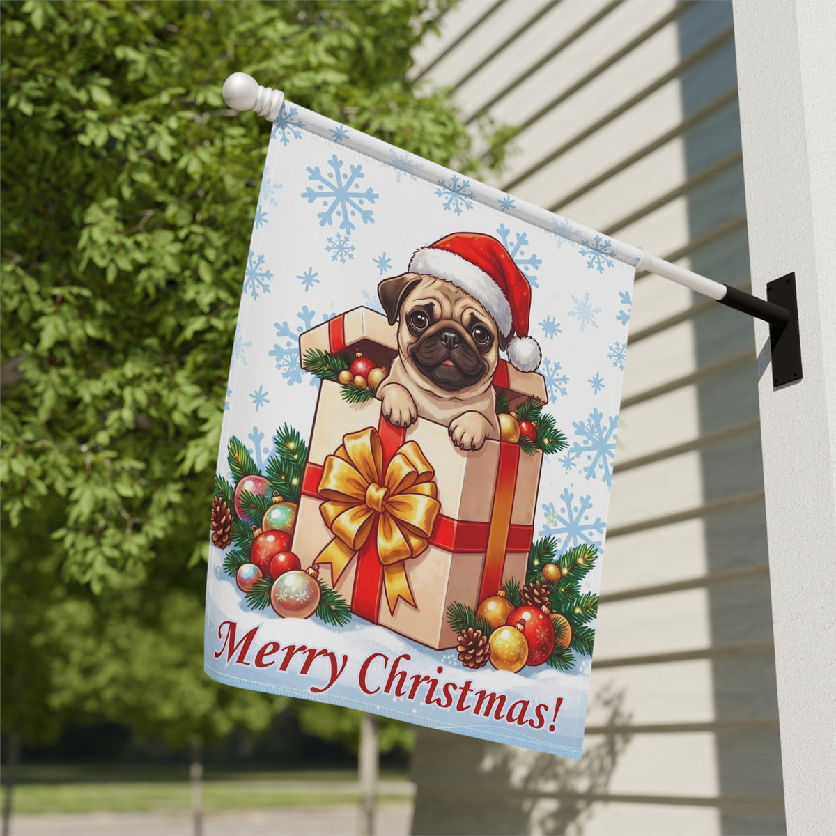 Pug And Christmas Present Garden Flag