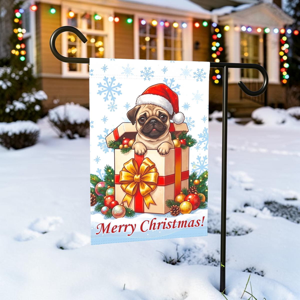 Pug And Christmas Present Garden Flag