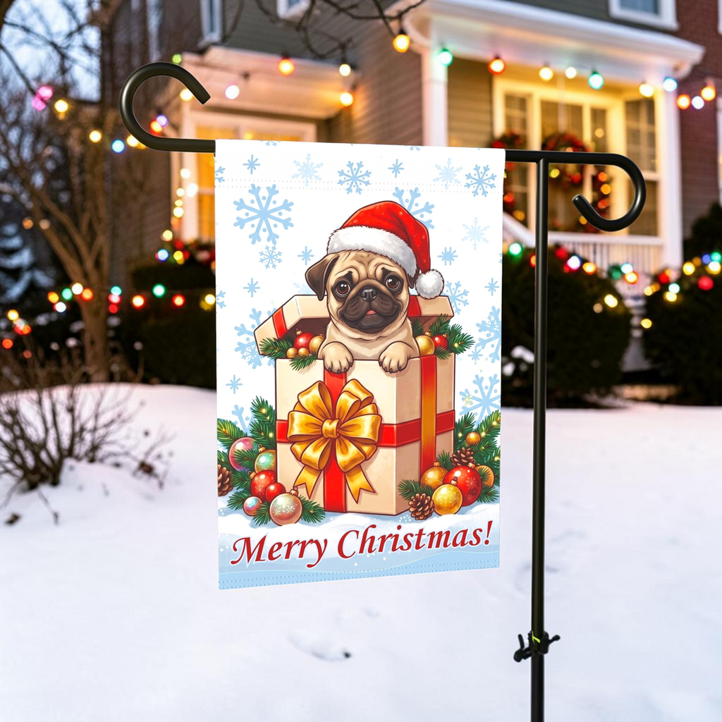 Pug And Christmas Present Garden Flag