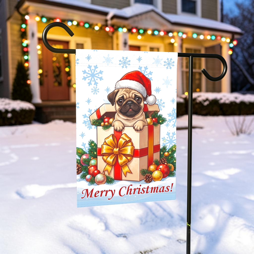 Pug And Christmas Present Garden Flag
