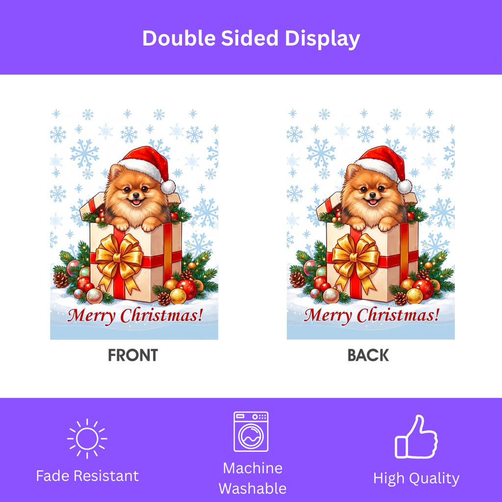 Pomeranian And Christmas Present Garden Flag