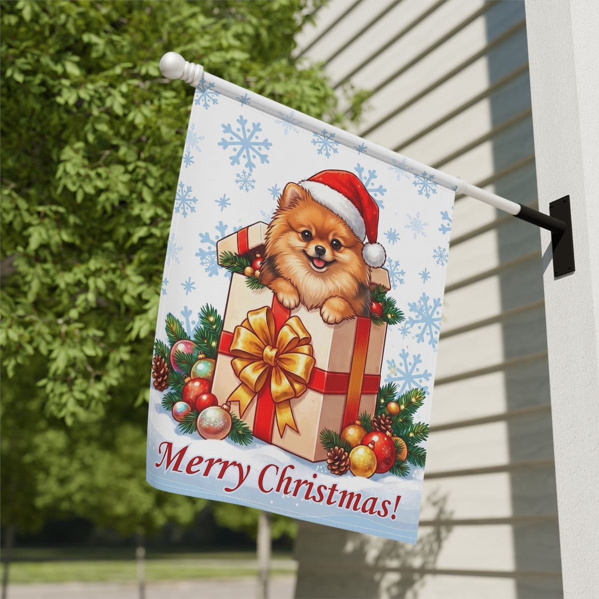 Pomeranian And Christmas Present Garden Flag