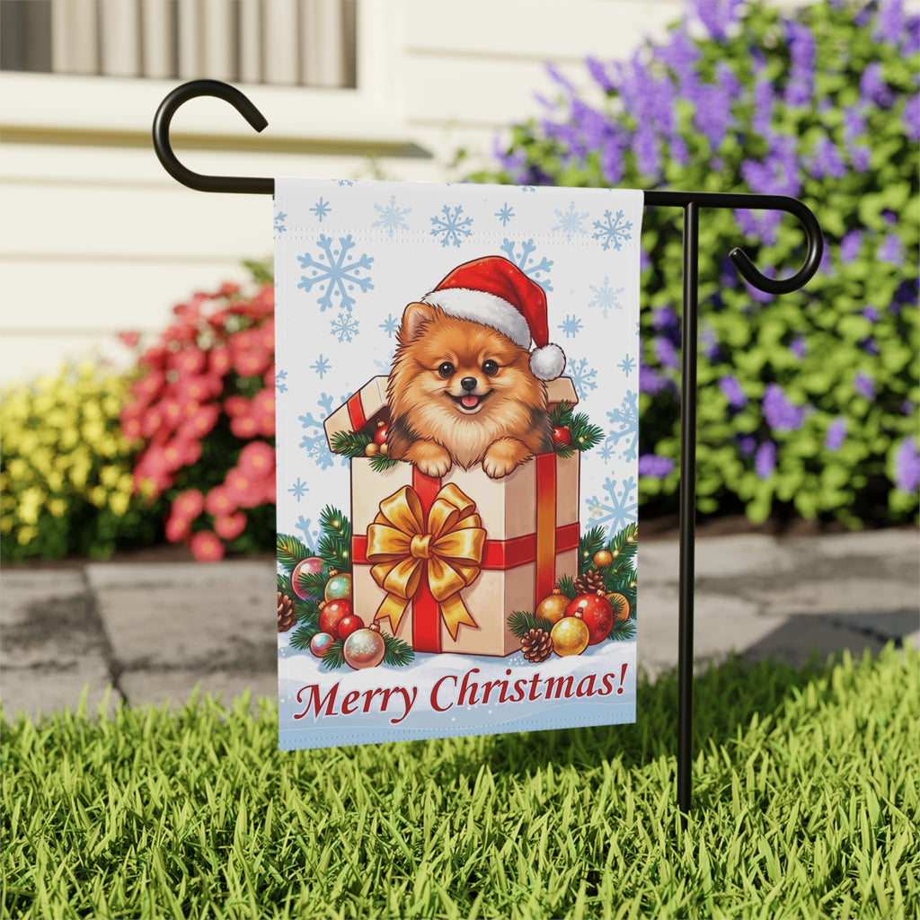 Pomeranian And Christmas Present Garden Flag