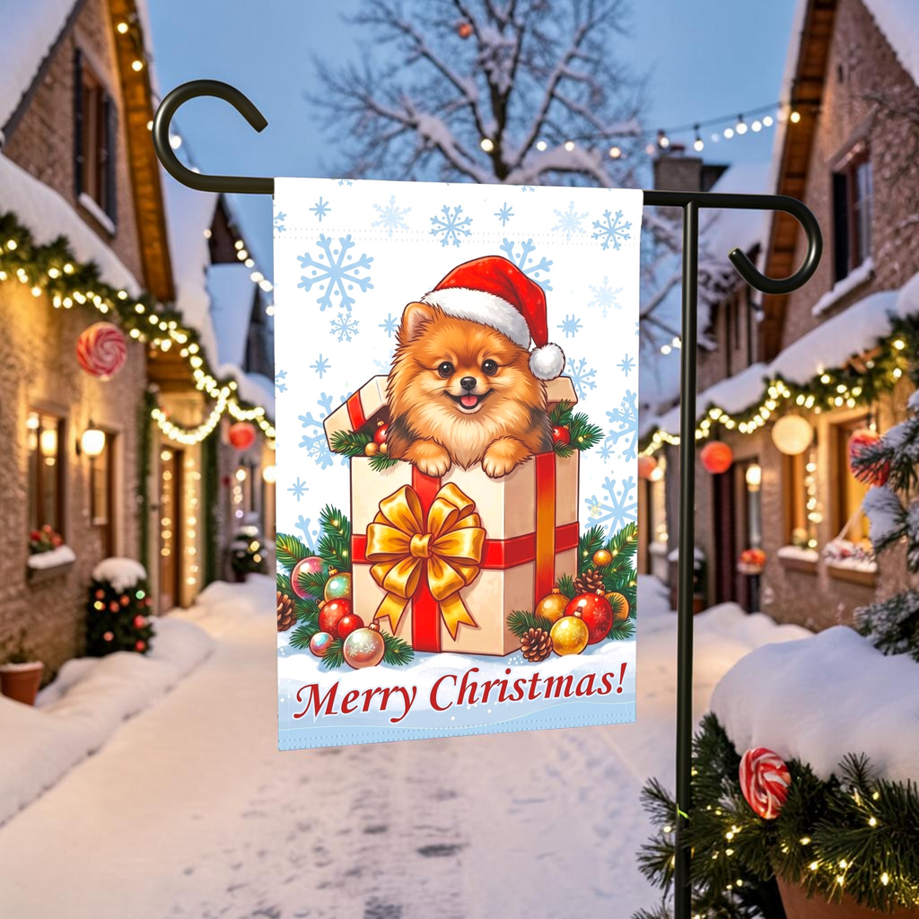 Pomeranian And Christmas Present Garden Flag