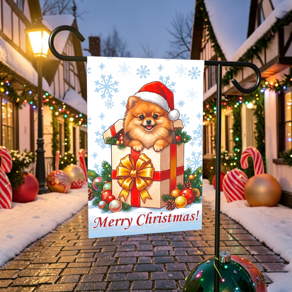 Pomeranian And Christmas Present Garden Flag