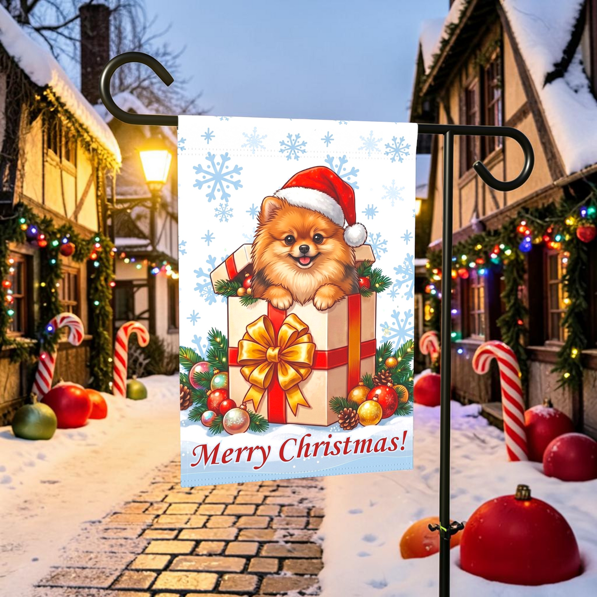 Pomeranian And Christmas Present Garden Flag