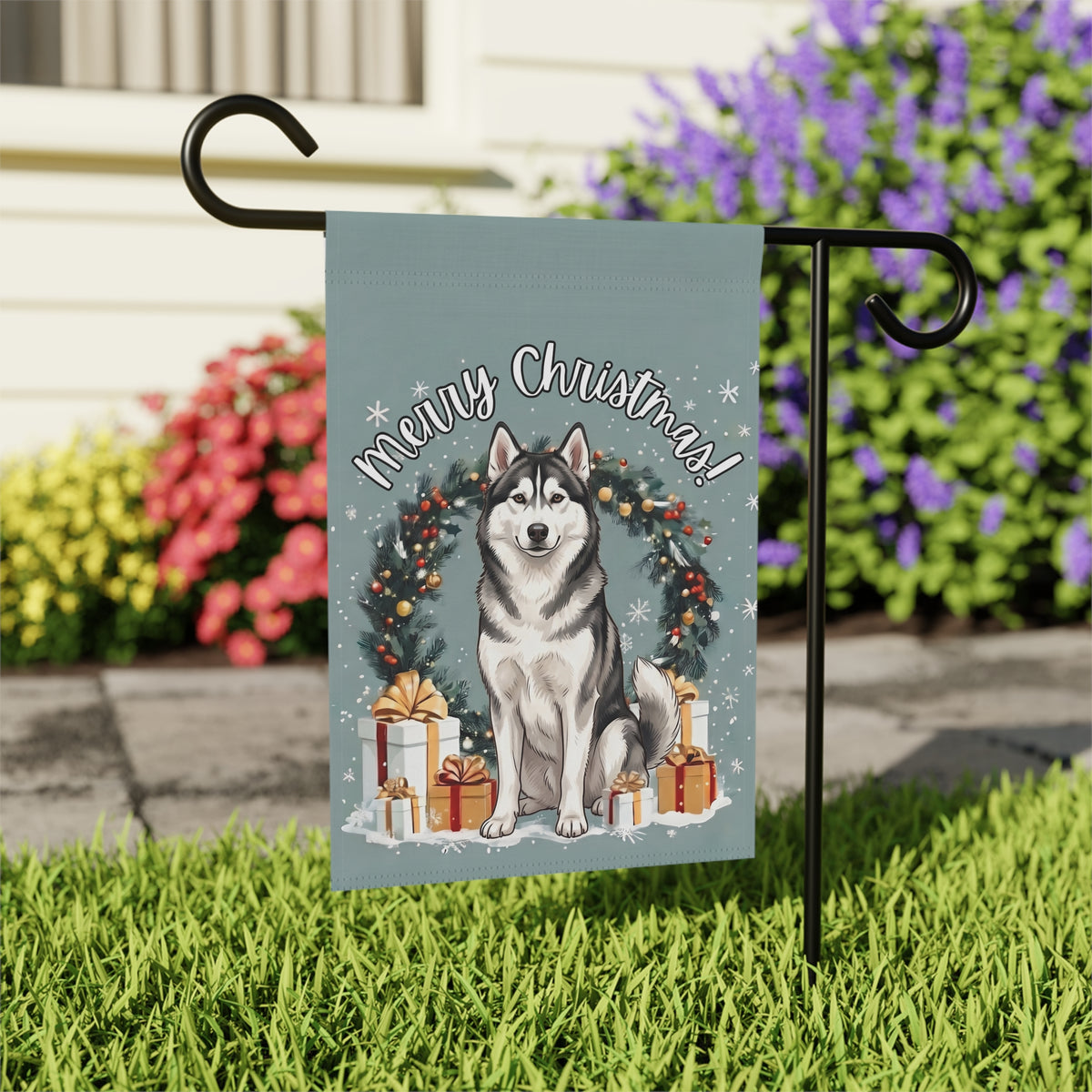 Merry Christmas Siberian Husky Garden Flag