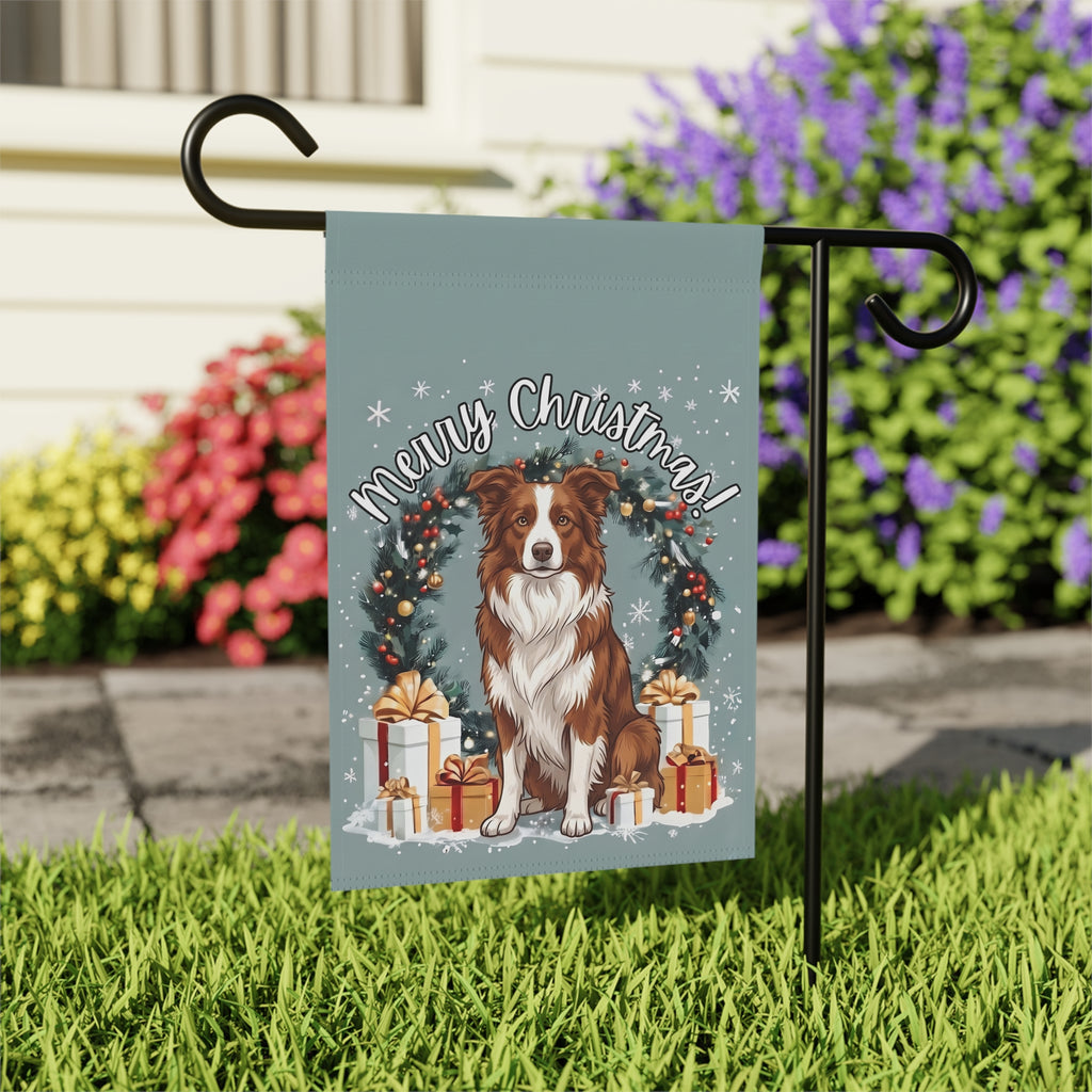 Merry Christmas Red And White Border Collie Garden Flag
