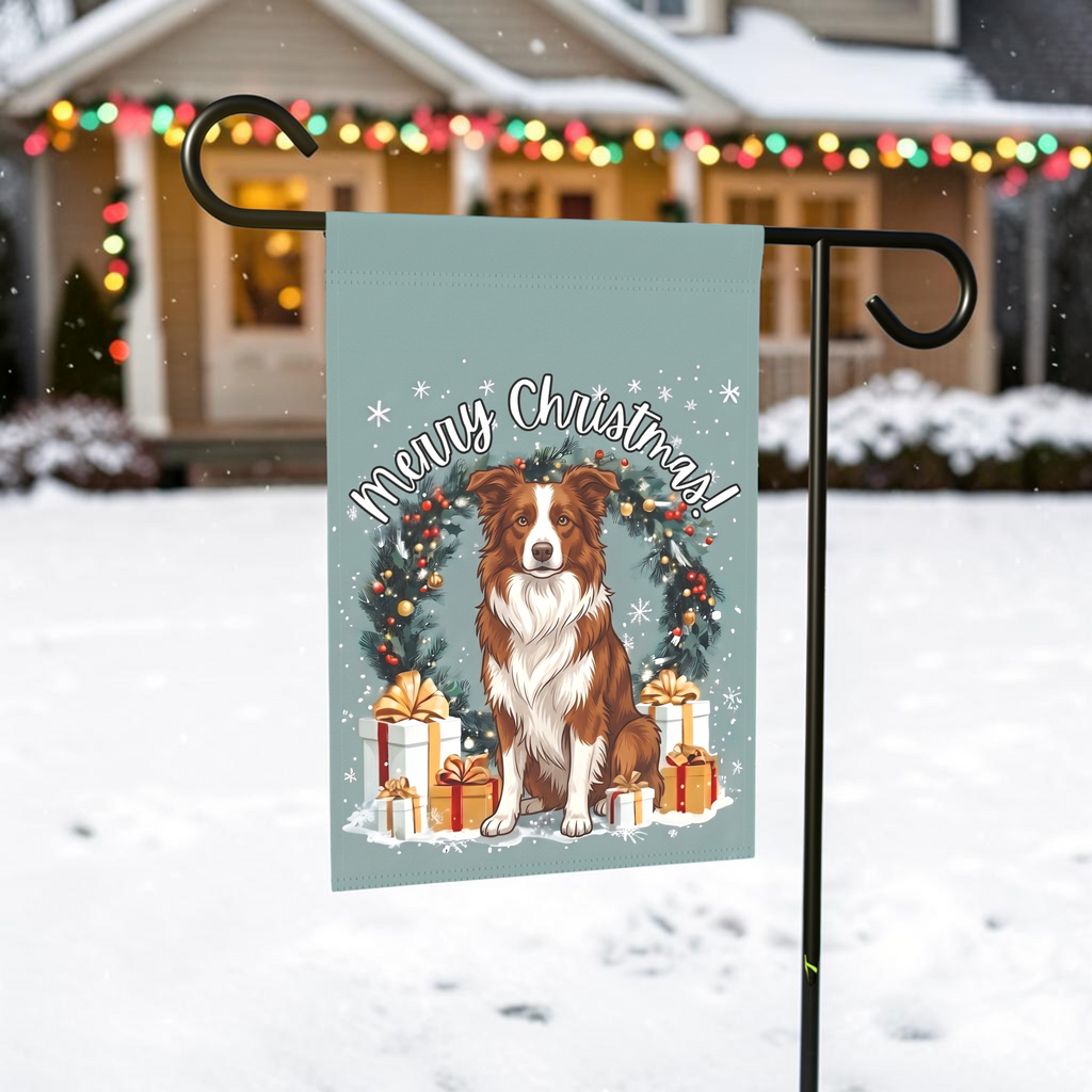 Merry Christmas Red And White Border Collie Garden Flag